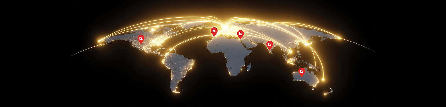 Advanced global connectivity with illuminated world map highlighting key locations.