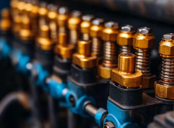 Industrial valve assembly with gold and blue components for flow control.