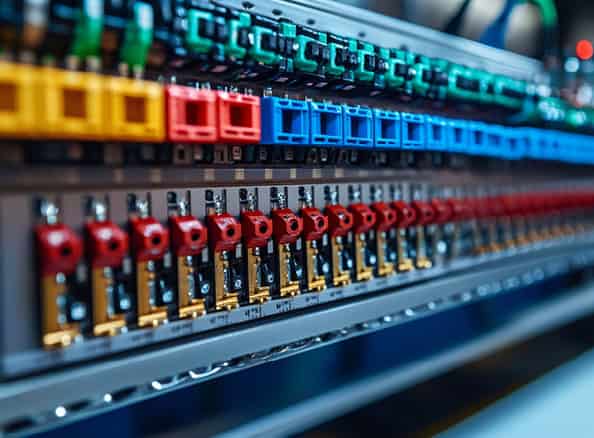 Industrial control panel with colorful wiring and switches for automation systems.